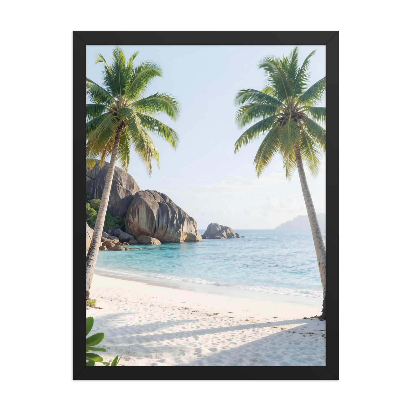 Framed tropical beach print with turquoise ocean, white sand and palm trees, ready to hang coastal wall art, JMTR Jeometry Store