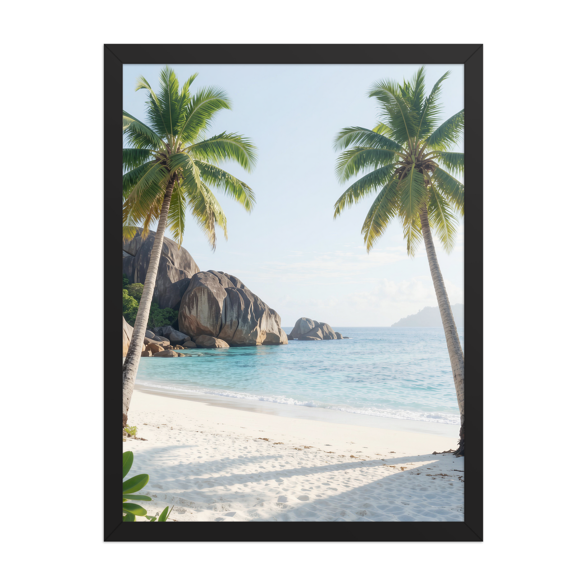 Framed tropical beach print with turquoise ocean, white sand and palm trees, ready to hang coastal wall art, JMTR Jeometry Store