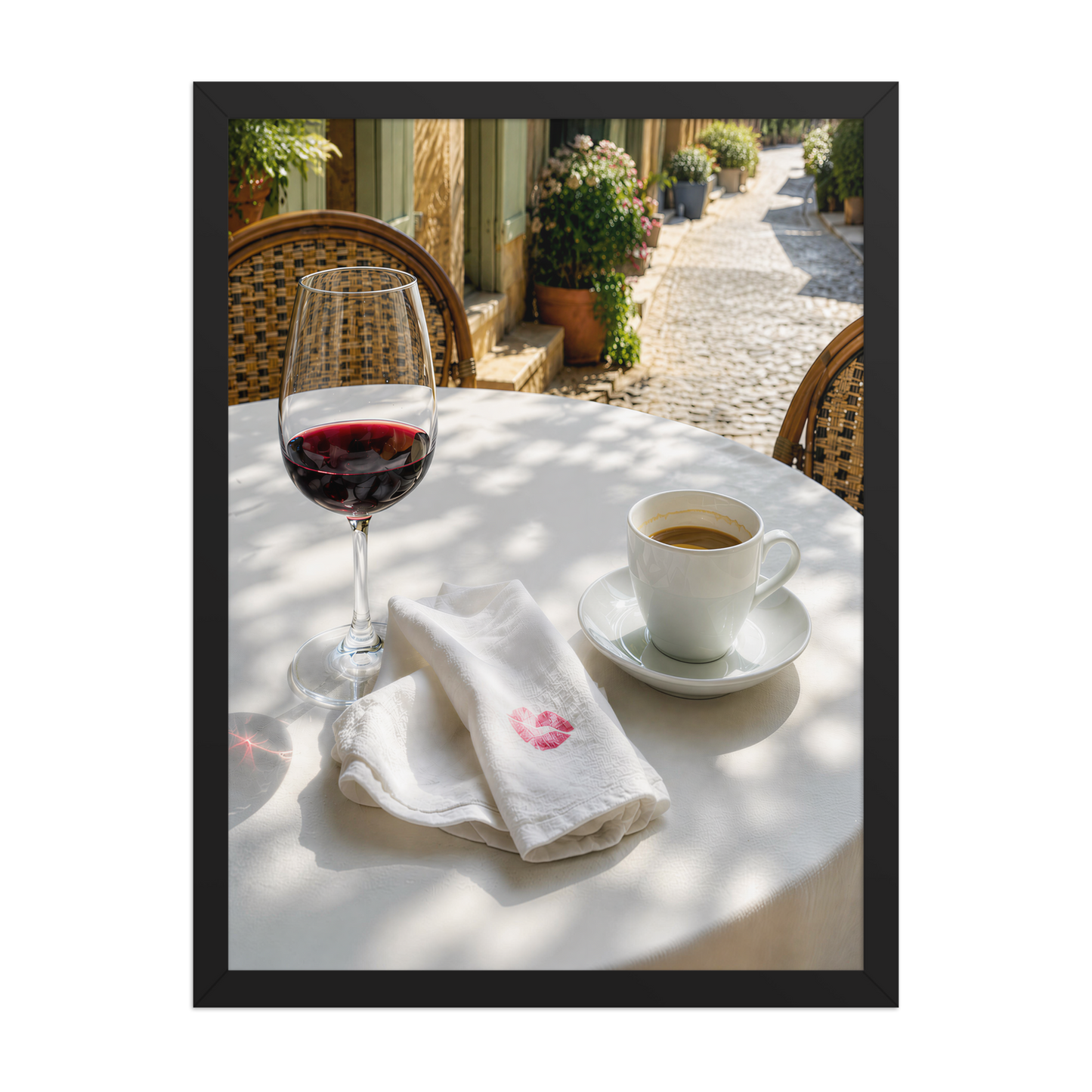 Framed sunlit café terrace print with red wine and espresso, ready to hang wall art, JMTR Jeometry Store