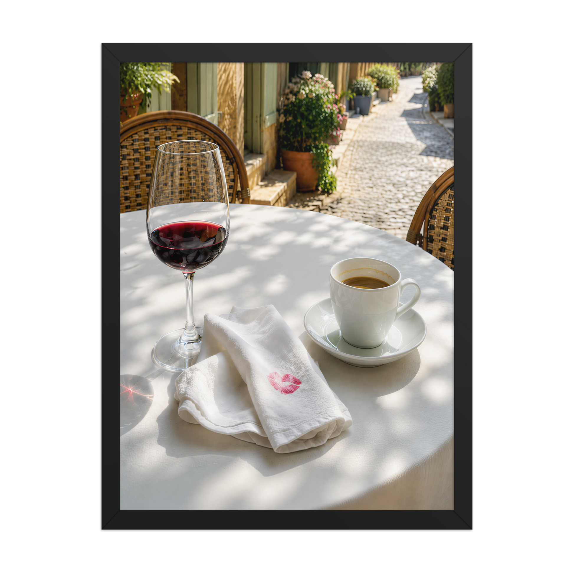 Framed sunlit café terrace print with red wine and espresso, ready to hang wall art, JMTR Jeometry Store