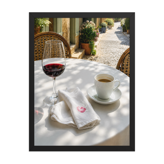 Framed sunlit café terrace print with red wine and espresso, ready to hang wall art, JMTR Jeometry Store
