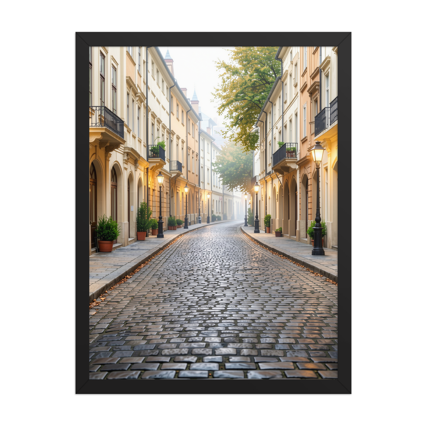 Framed European cobblestone street wall art, calm aesthetic old town morning fog poster, black frame, JMTR Jeometry Store