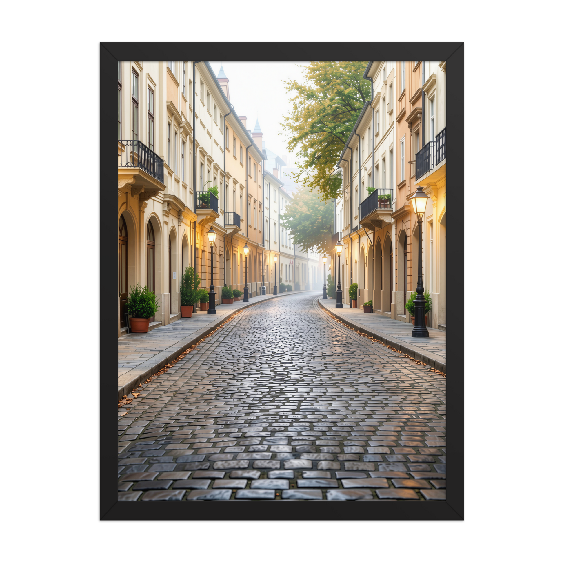Framed European cobblestone street wall art, calm aesthetic old town morning fog poster, black frame, JMTR Jeometry Store