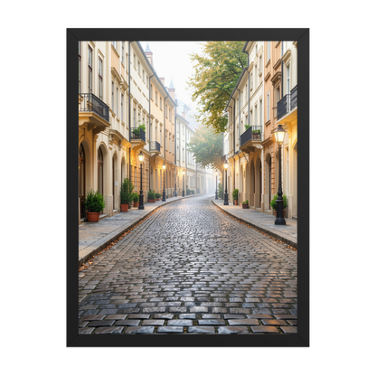 Framed European cobblestone street wall art, calm aesthetic old town morning fog poster, black frame, JMTR Jeometry Store