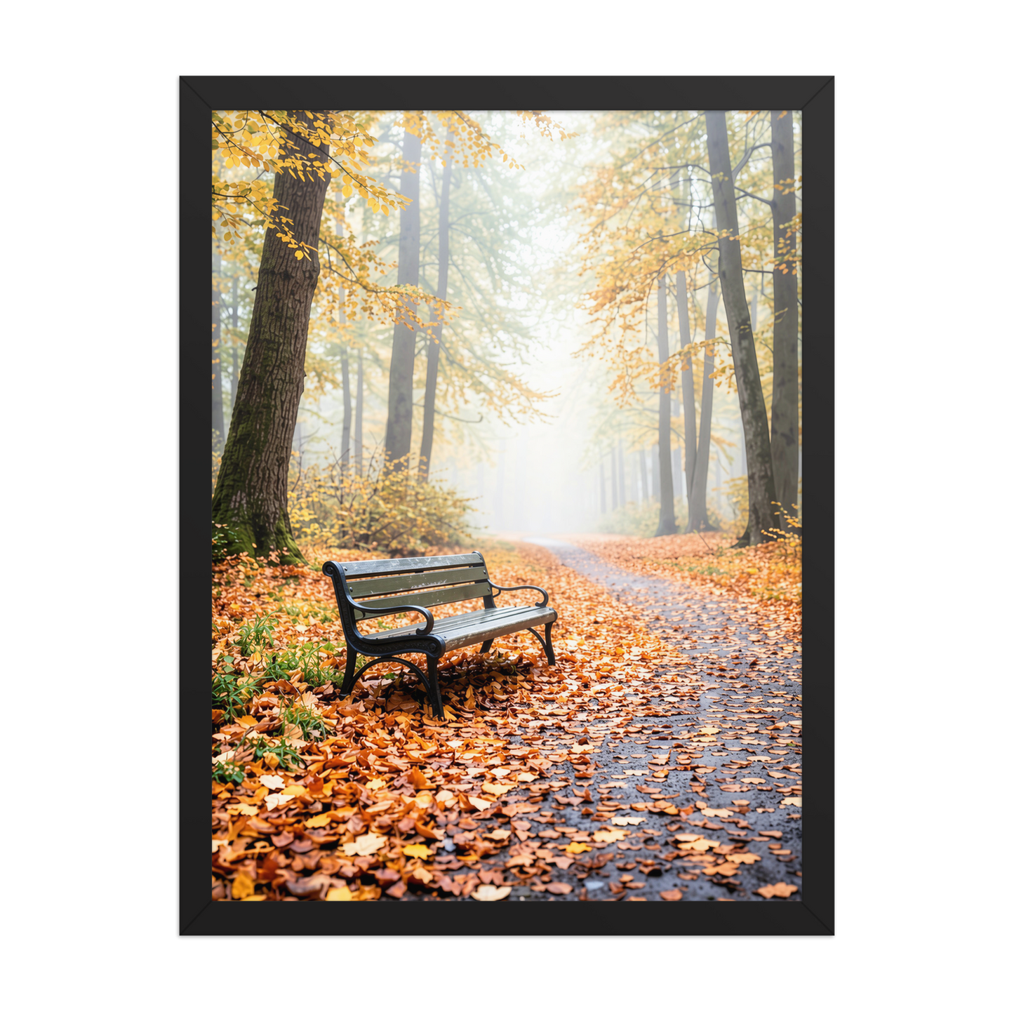 Framed autumn park bench wall art, foggy forest path fall leaves calm aesthetic poster, black frame, JMTR Jeometry Store