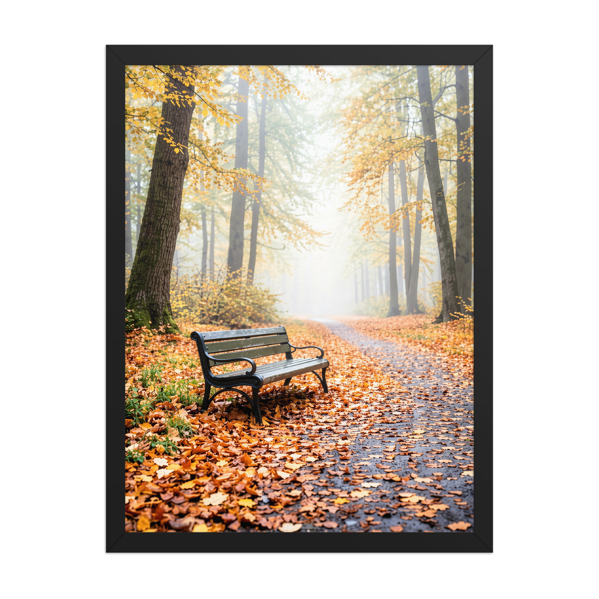 Framed autumn park bench wall art, foggy forest path fall leaves calm aesthetic poster, black frame, JMTR Jeometry Store