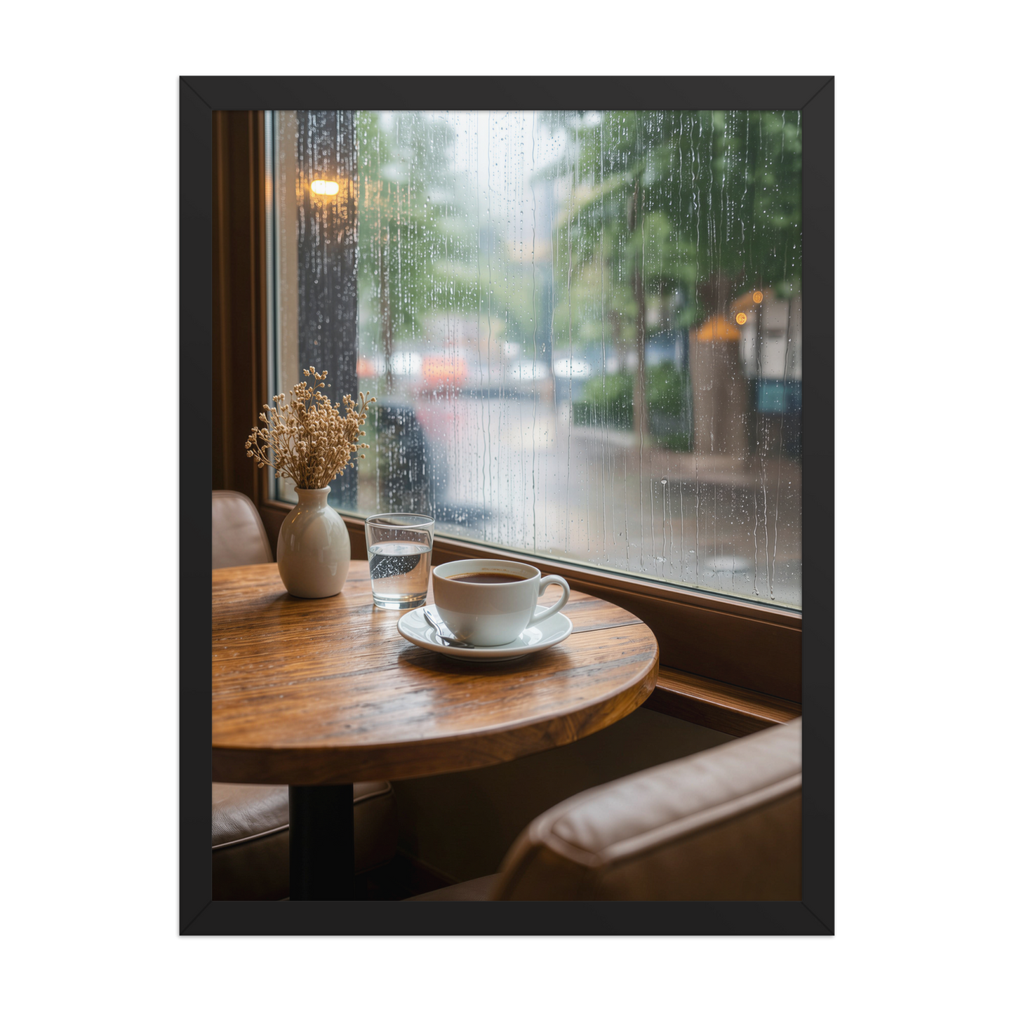 Framed rainy day cafe wall art, coffee cup by rain window calm aesthetic poster, black frame, JMTR Jeometry Store