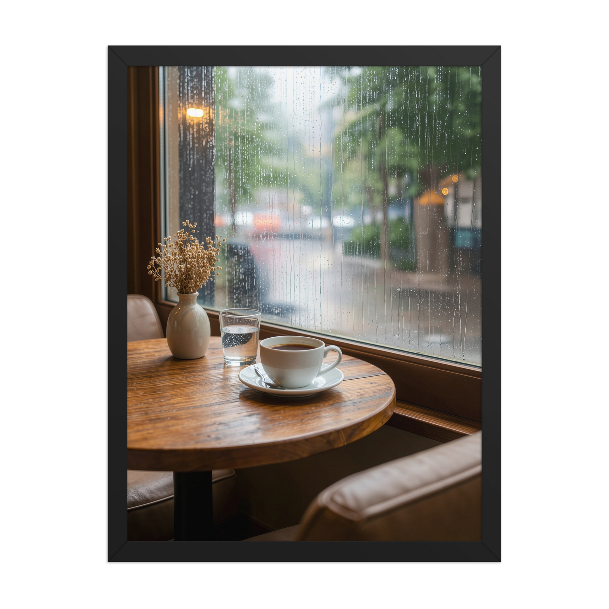 Framed rainy day cafe wall art, coffee cup by rain window calm aesthetic poster, black frame, JMTR Jeometry Store