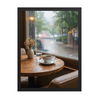 Framed rainy day cafe wall art, coffee cup by rain window calm aesthetic poster, black frame, JMTR Jeometry Store