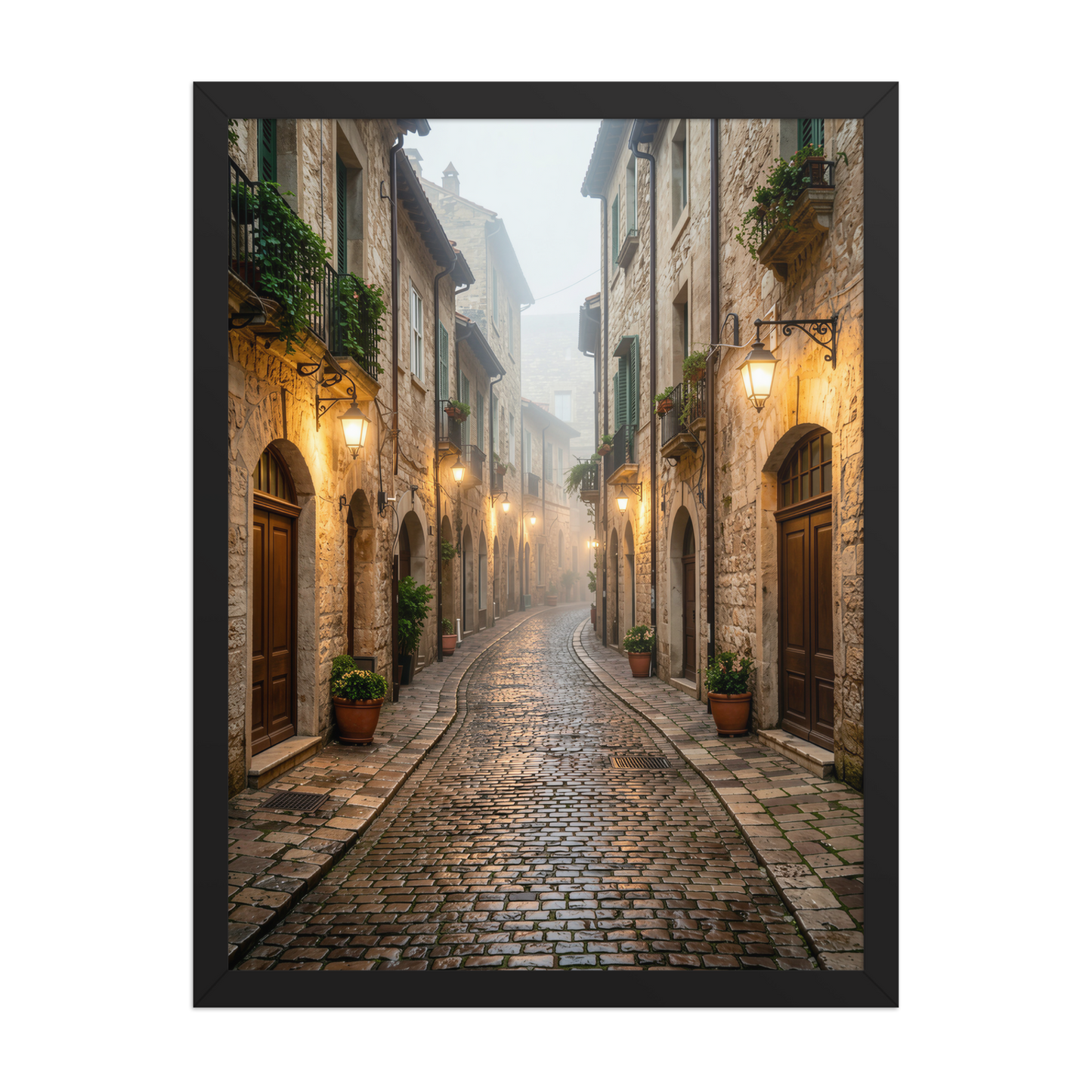 Framed Italian village cobblestone street wall art, warm lanterns foggy alley calm aesthetic poster, black frame, JMTR Jeometry Store