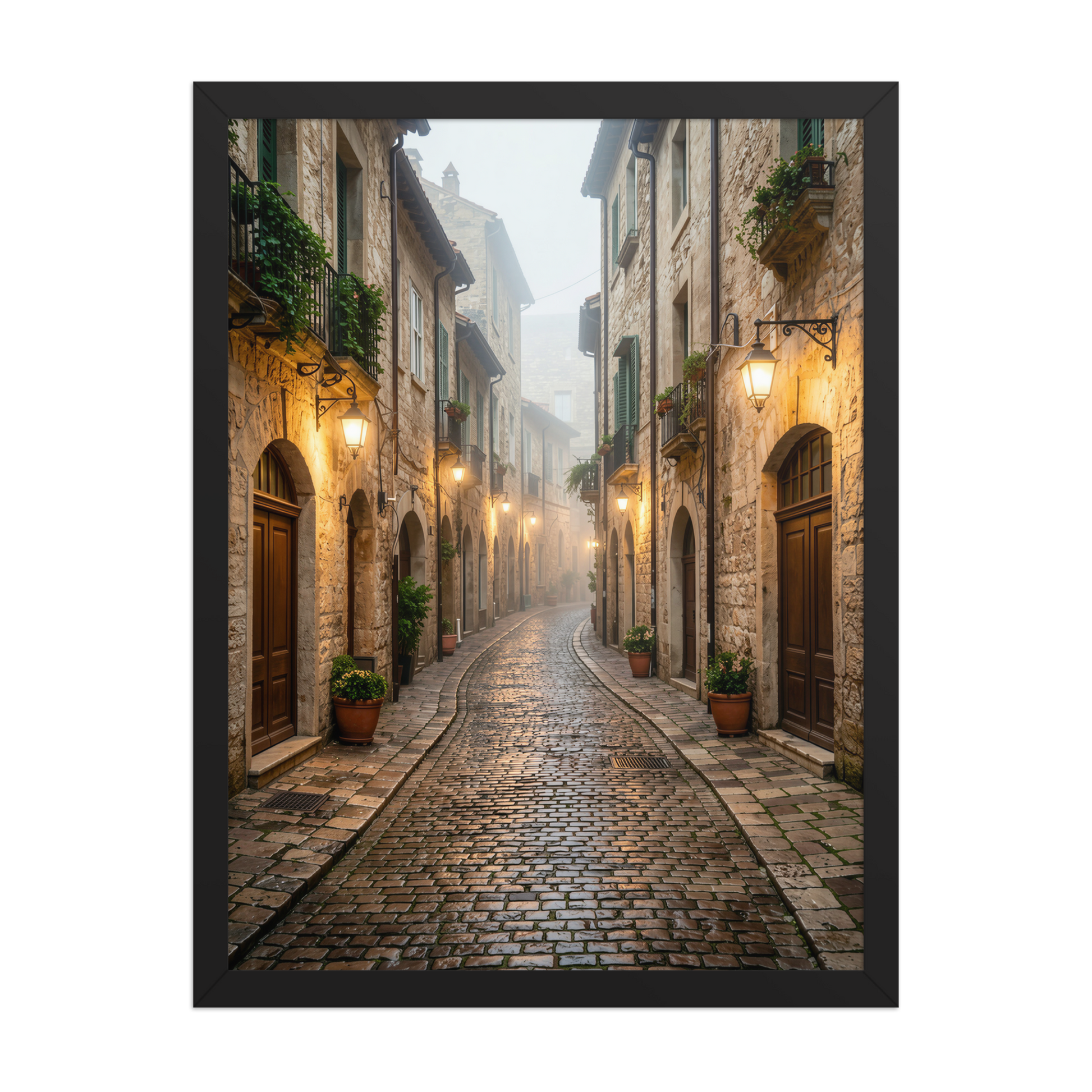 Framed Italian village cobblestone street wall art, warm lanterns foggy alley calm aesthetic poster, black frame, JMTR Jeometry Store