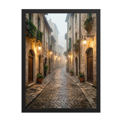 Framed Italian village cobblestone street wall art, warm lanterns foggy alley calm aesthetic poster, black frame, JMTR Jeometry Store
