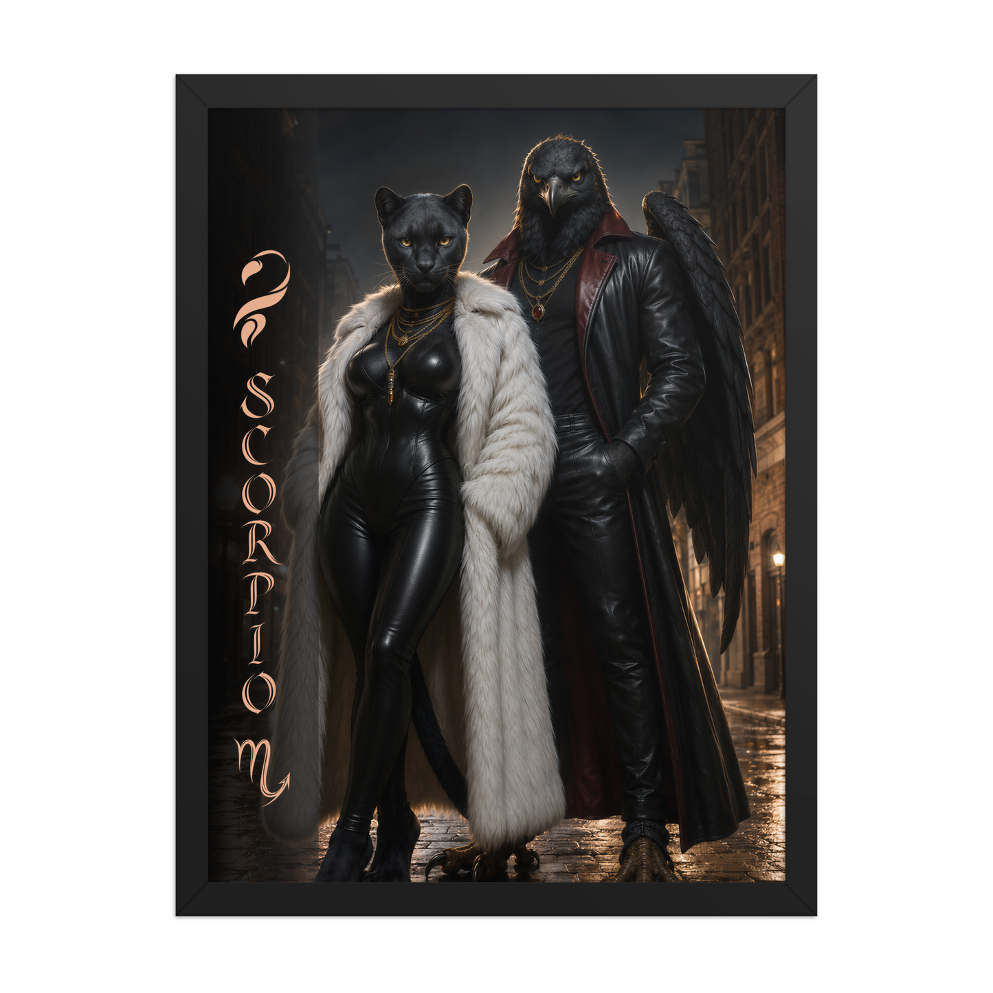 Scorpio power couple framed poster with black panther and black eagle