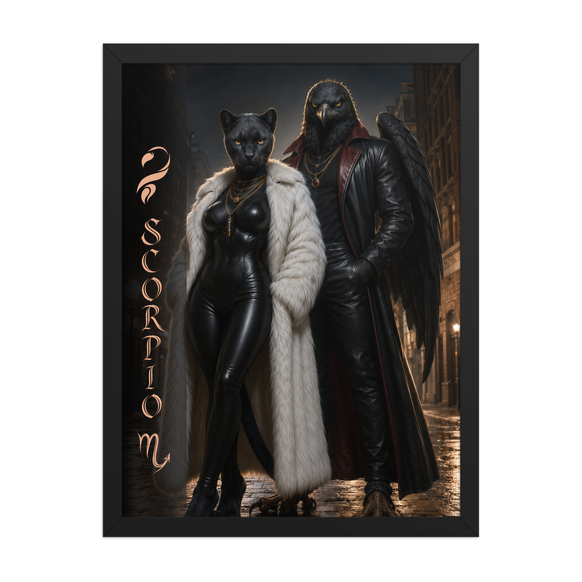 Scorpio power couple framed poster with black panther and black eagle