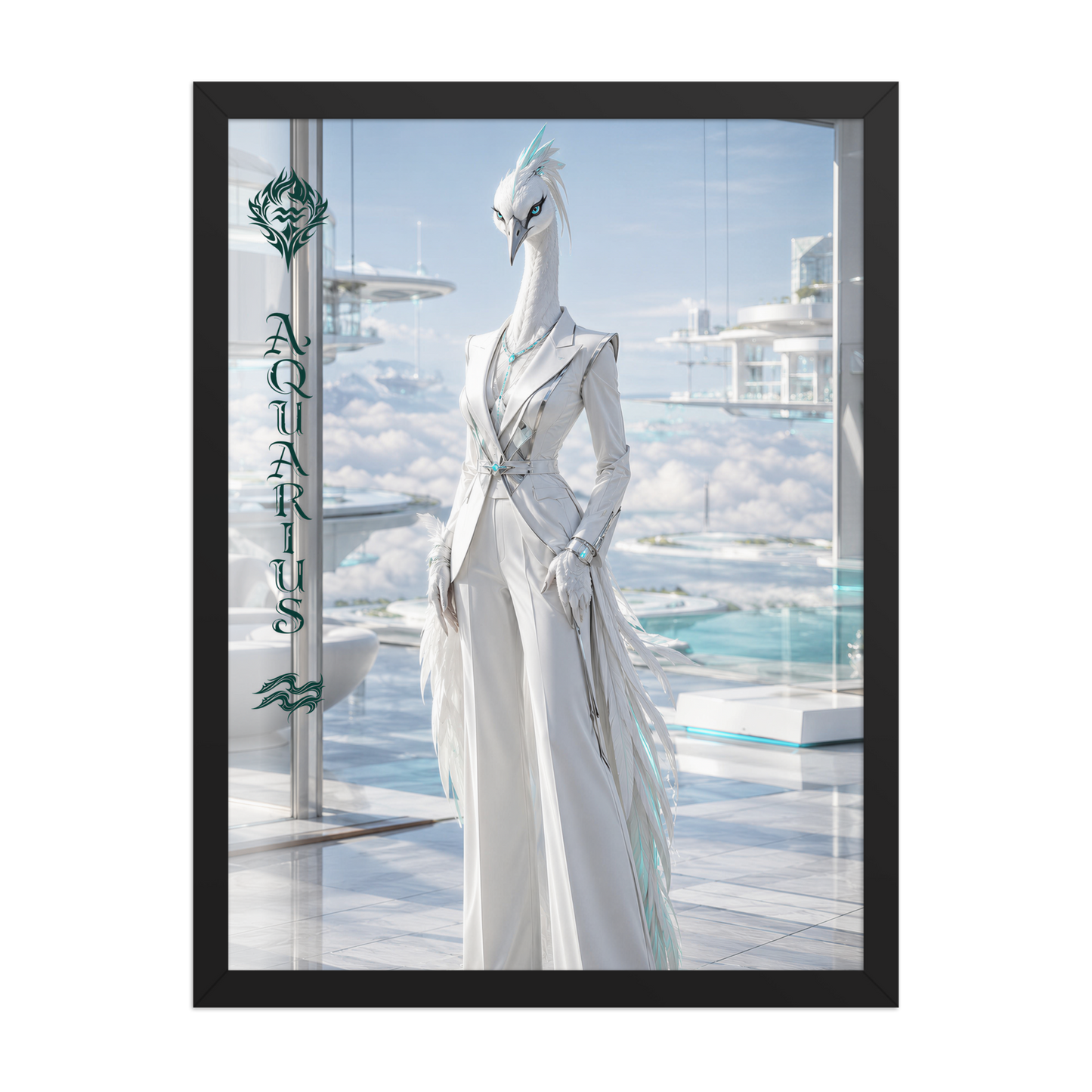 Framed Aquarius woman zodiac poster featuring a white crane standing above the clouds in a futuristic celestial city