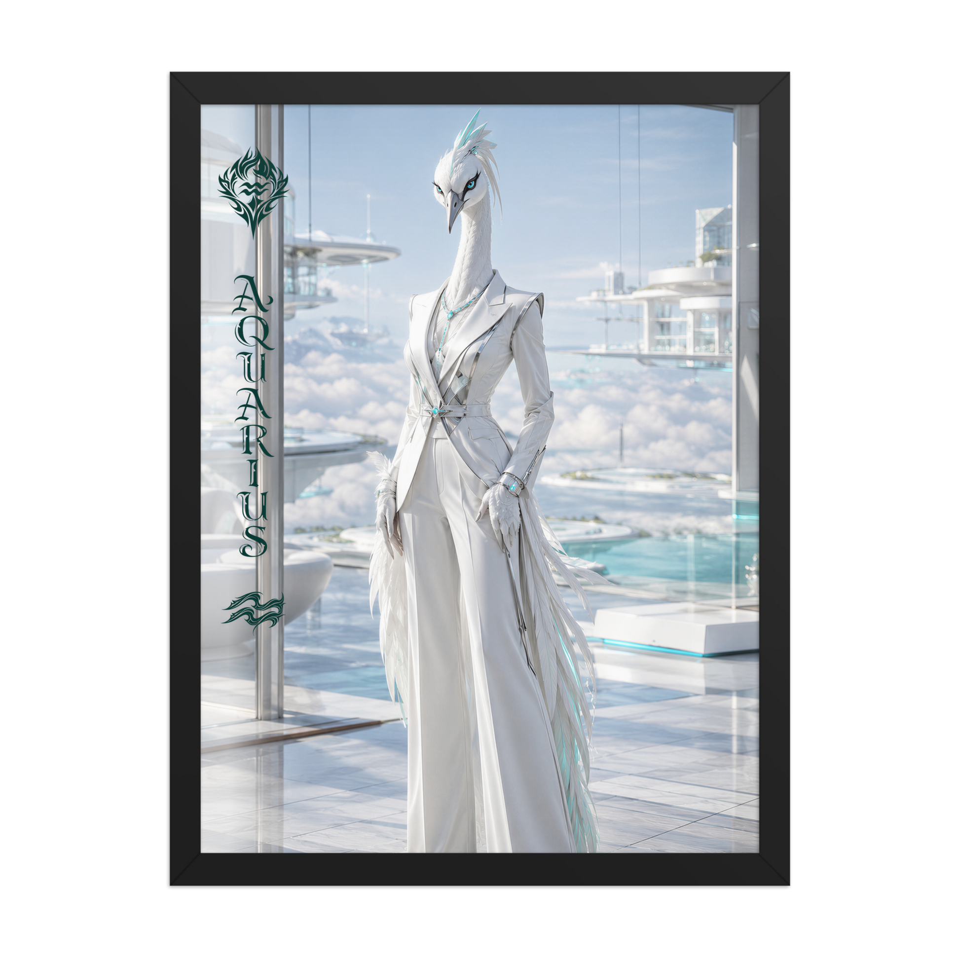 Framed Aquarius woman zodiac poster featuring a white crane standing above the clouds in a futuristic celestial city