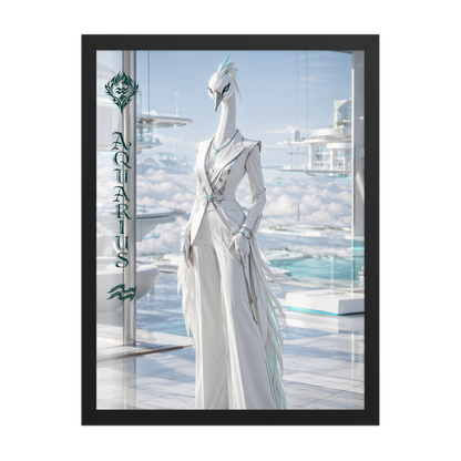 Framed Aquarius woman zodiac poster featuring a white crane standing above the clouds in a futuristic celestial city