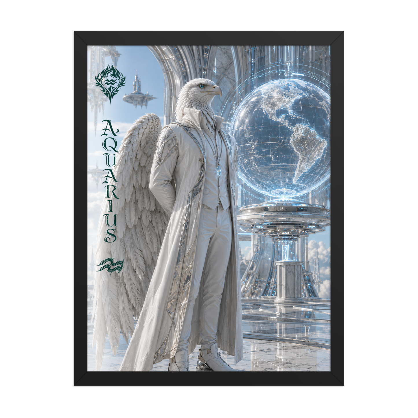 Framed Aquarius man zodiac poster featuring a white eagle standing before a glowing world in a futuristic celestial city