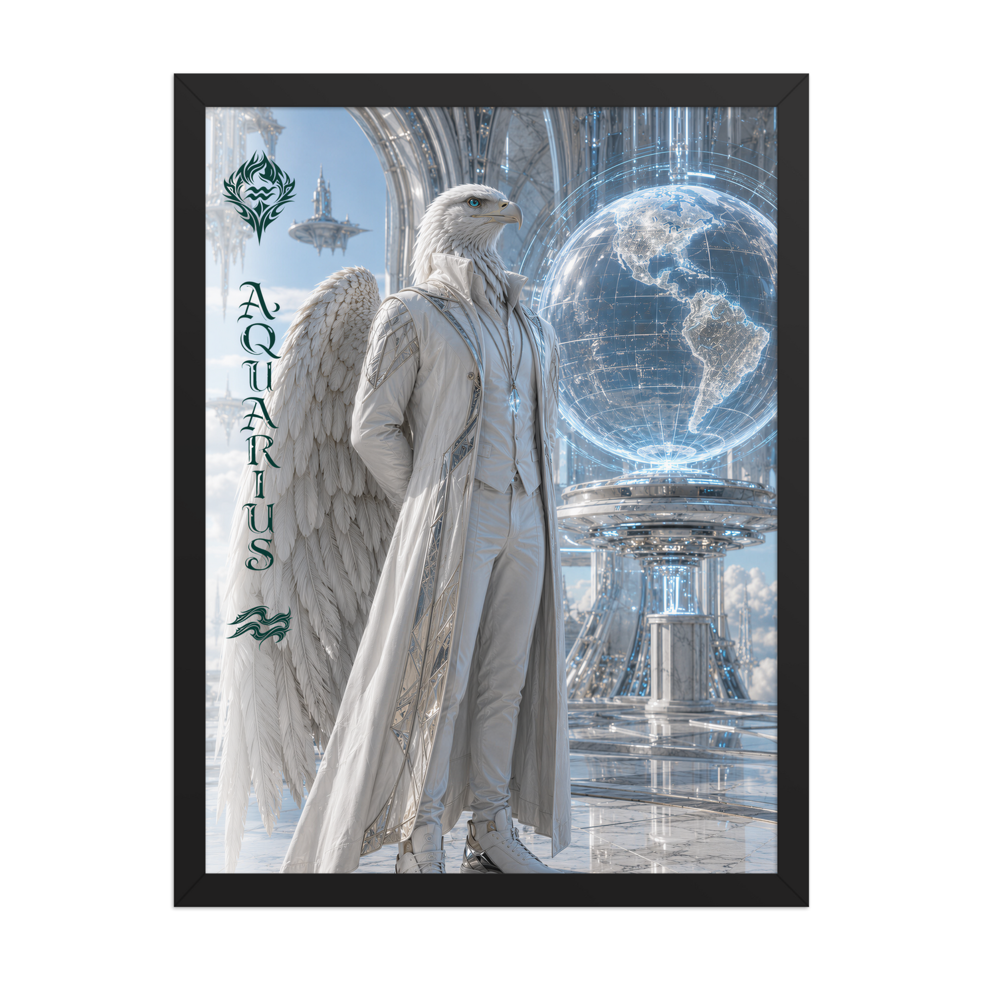Framed Aquarius man zodiac poster featuring a white eagle standing before a glowing world in a futuristic celestial city