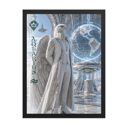 Framed Aquarius man zodiac poster featuring a white eagle standing before a glowing world in a futuristic celestial city