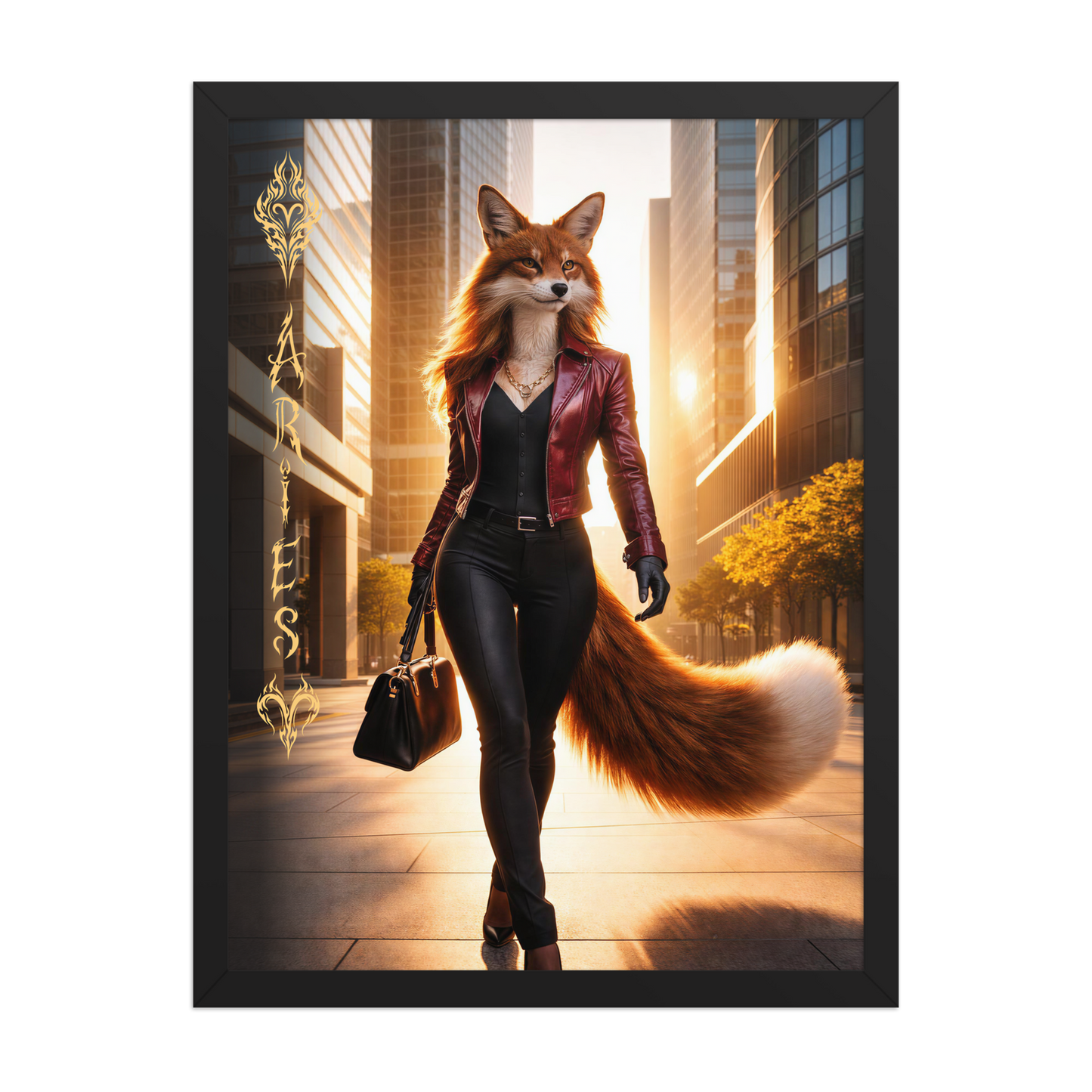 Framed Aries fox woman zodiac poster walking through a modern city at sunset