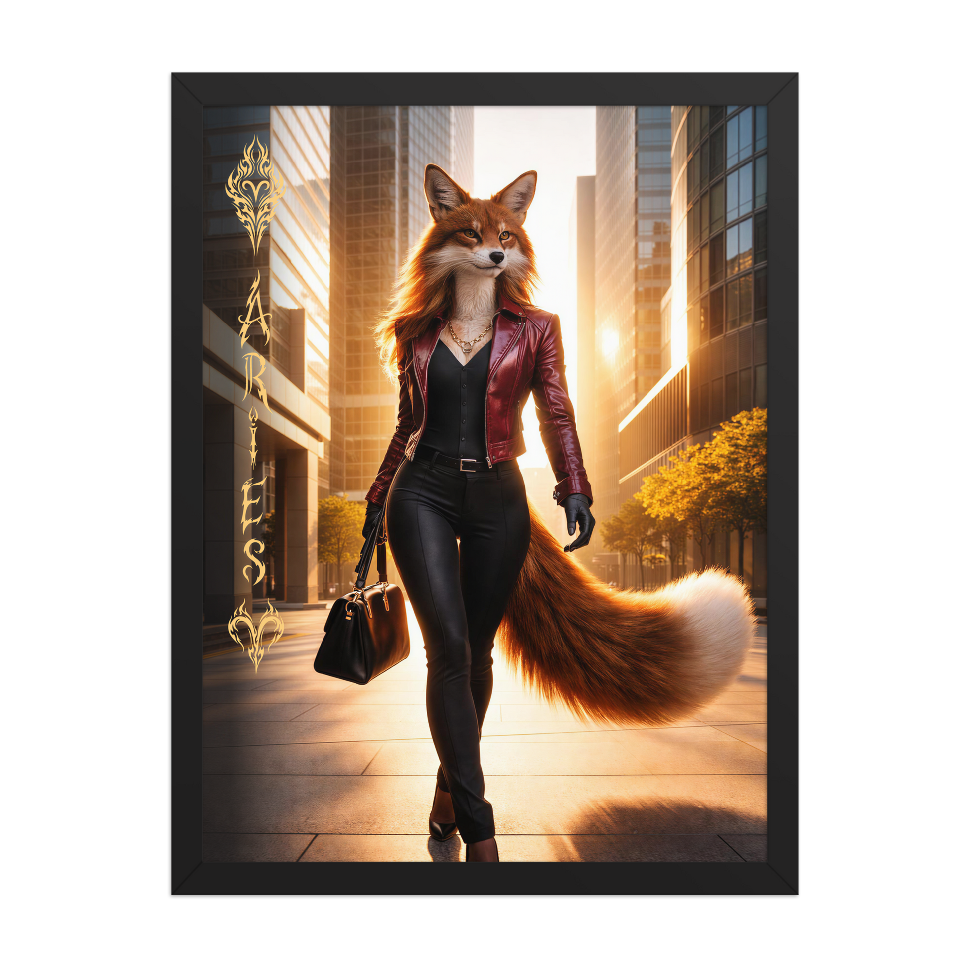Framed Aries fox woman zodiac poster walking through a modern city at sunset