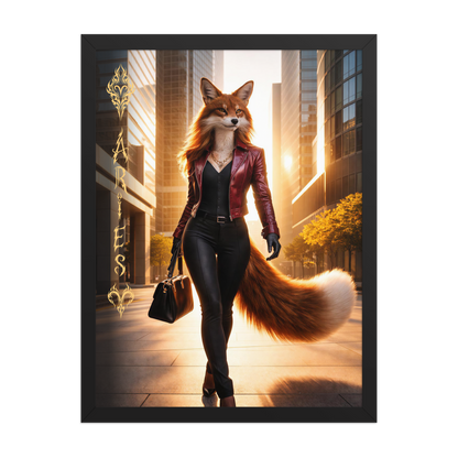 Framed Aries fox woman zodiac poster walking through a modern city at sunset