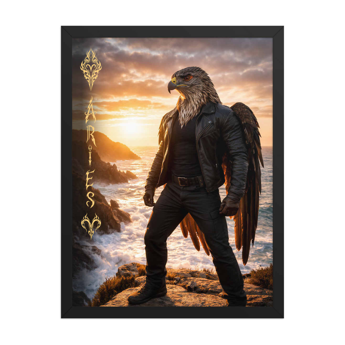Framed Aries man poster featuring a powerful eagle figure standing above ocean cliffs at sunset, symbolizing strength, courage, and leadership.