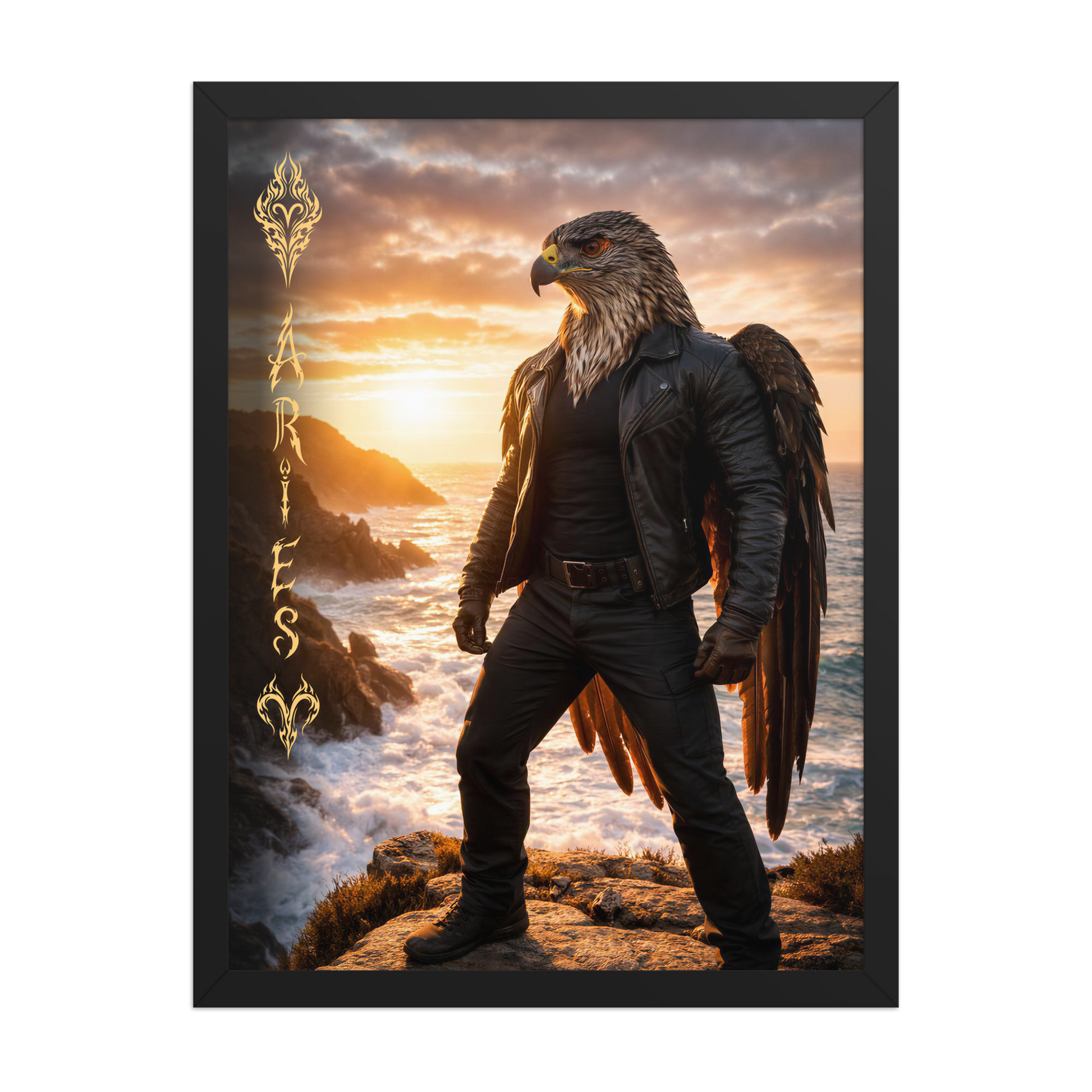 Framed Aries man poster featuring a powerful eagle figure standing above ocean cliffs at sunset, symbolizing strength, courage, and leadership.