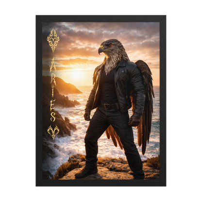 Framed Aries man poster featuring a powerful eagle figure standing above ocean cliffs at sunset, symbolizing strength, courage, and leadership.