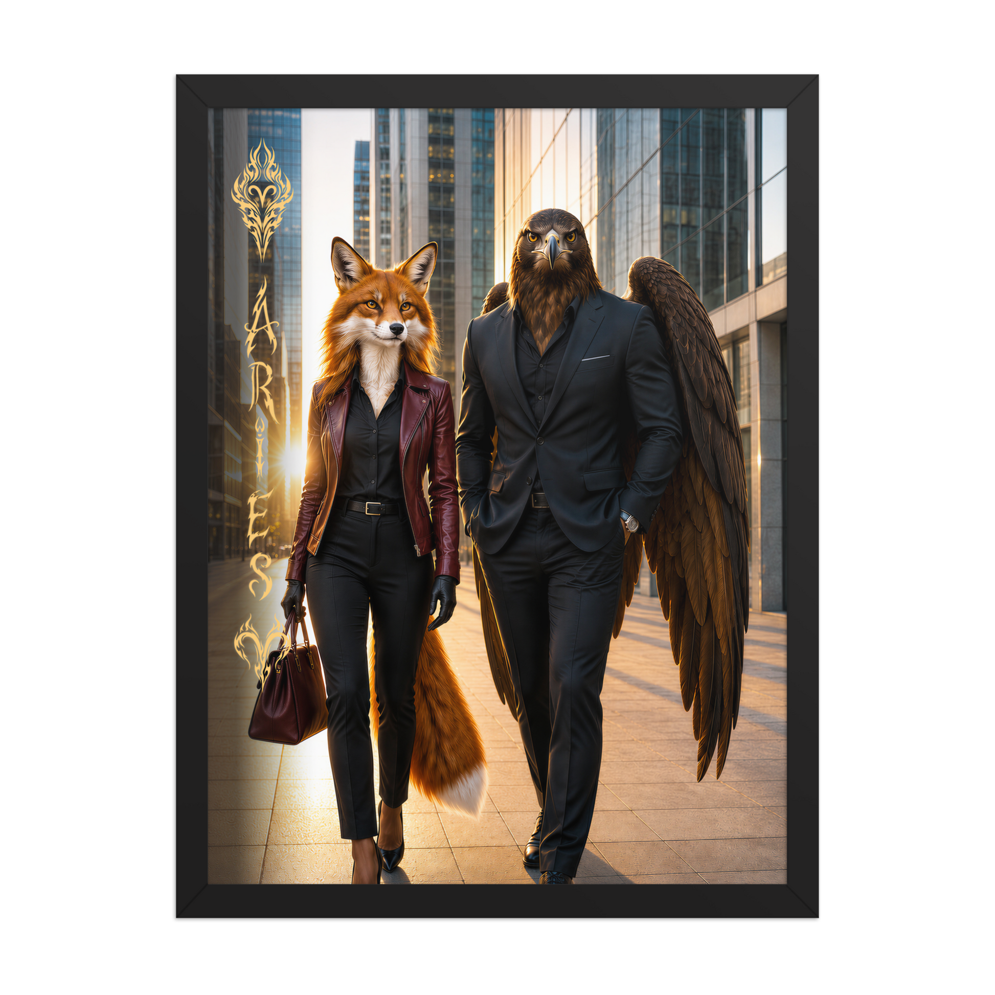 Framed Aries power couple poster featuring eagle and fox archetypes walking through a modern city, symbolizing strength, ambition, and partnership.
