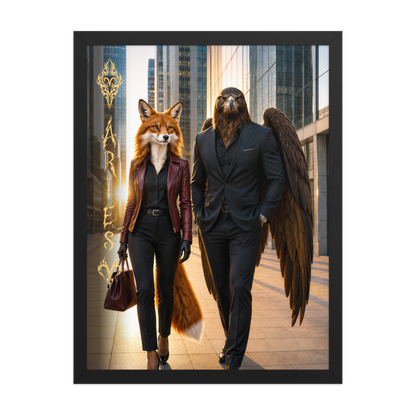 Framed Aries power couple poster featuring eagle and fox archetypes walking through a modern city, symbolizing strength, ambition, and partnership.