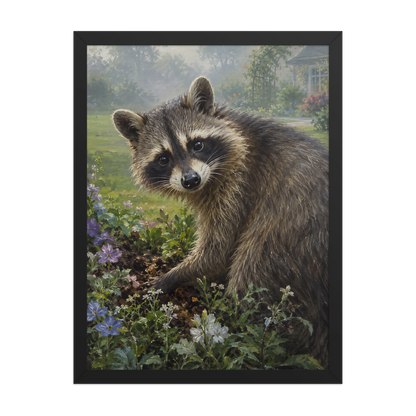 Garden Raccoon Curiosity Framed Poster