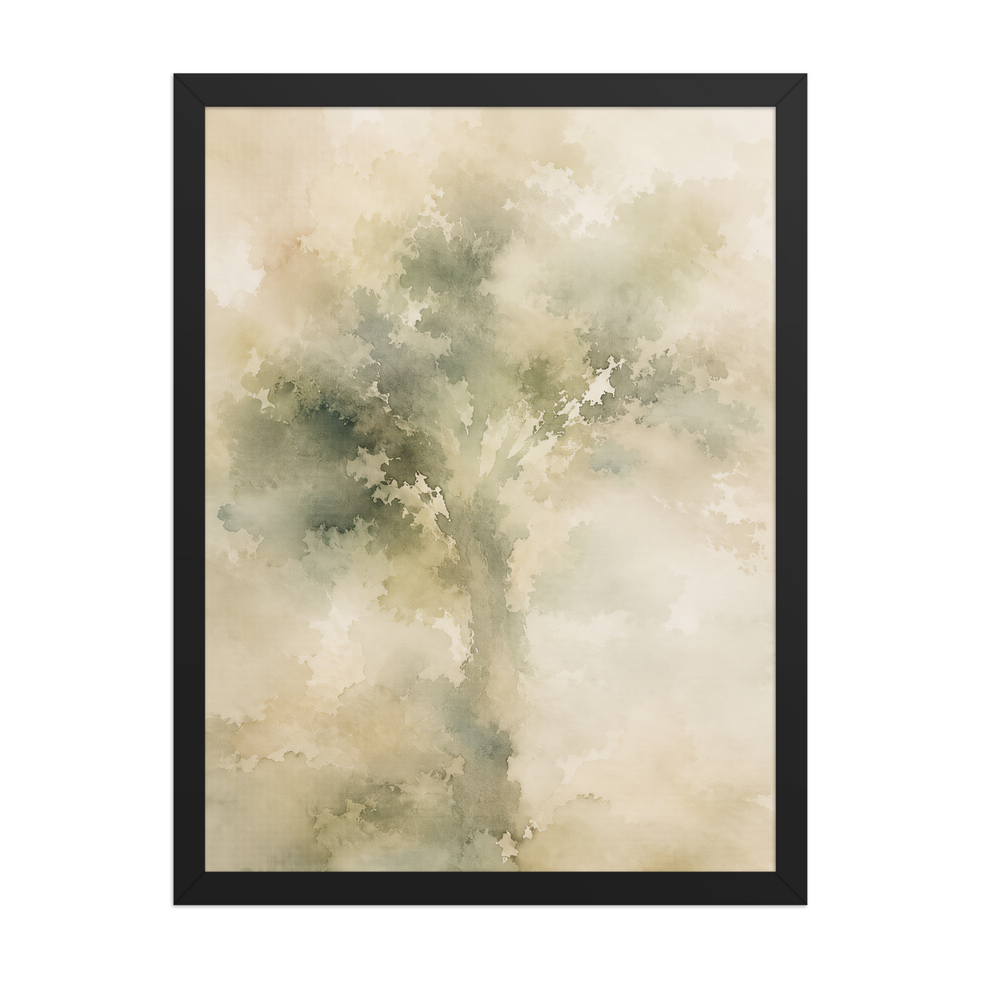 Framed minimalist nature poster featuring a softly emerging tree form in muted green and warm neutral tones.