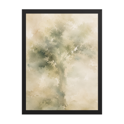 Framed minimalist nature poster featuring a softly emerging tree form in muted green and warm neutral tones.