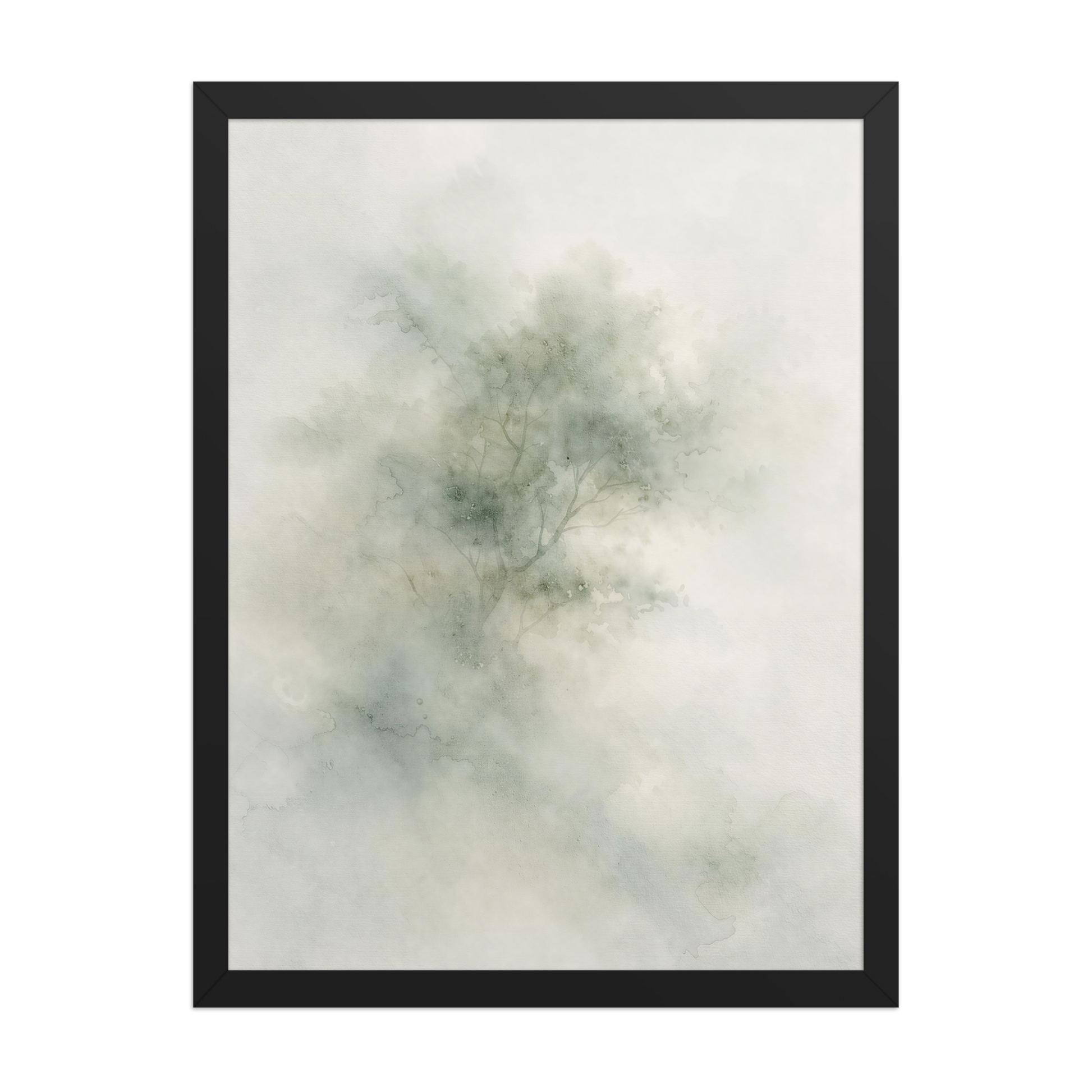 Framed minimalist watercolor-inspired artwork with a softly emerging tree form and subtle neutral tones.