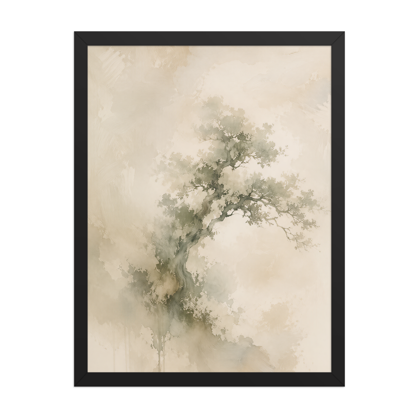 Framed minimalist nature-inspired poster featuring an emerging tree form in soft earthy neutral tones.
