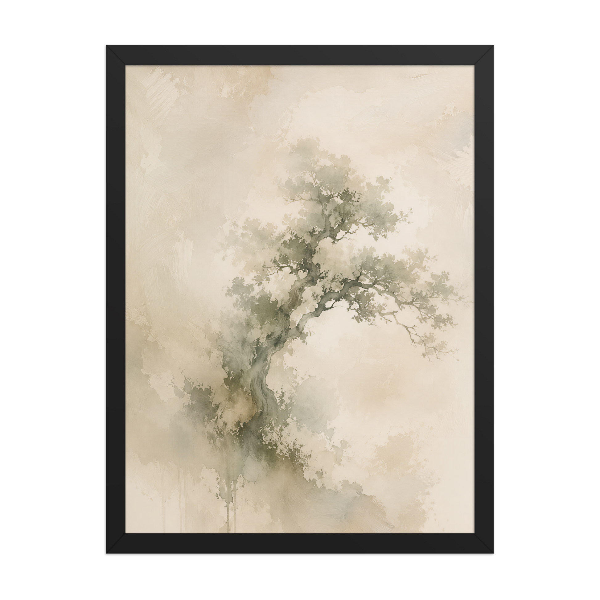 Framed minimalist nature-inspired poster featuring an emerging tree form in soft earthy neutral tones.