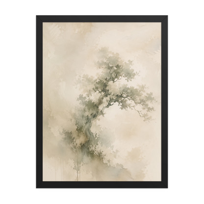 Framed minimalist nature-inspired poster featuring an emerging tree form in soft earthy neutral tones.