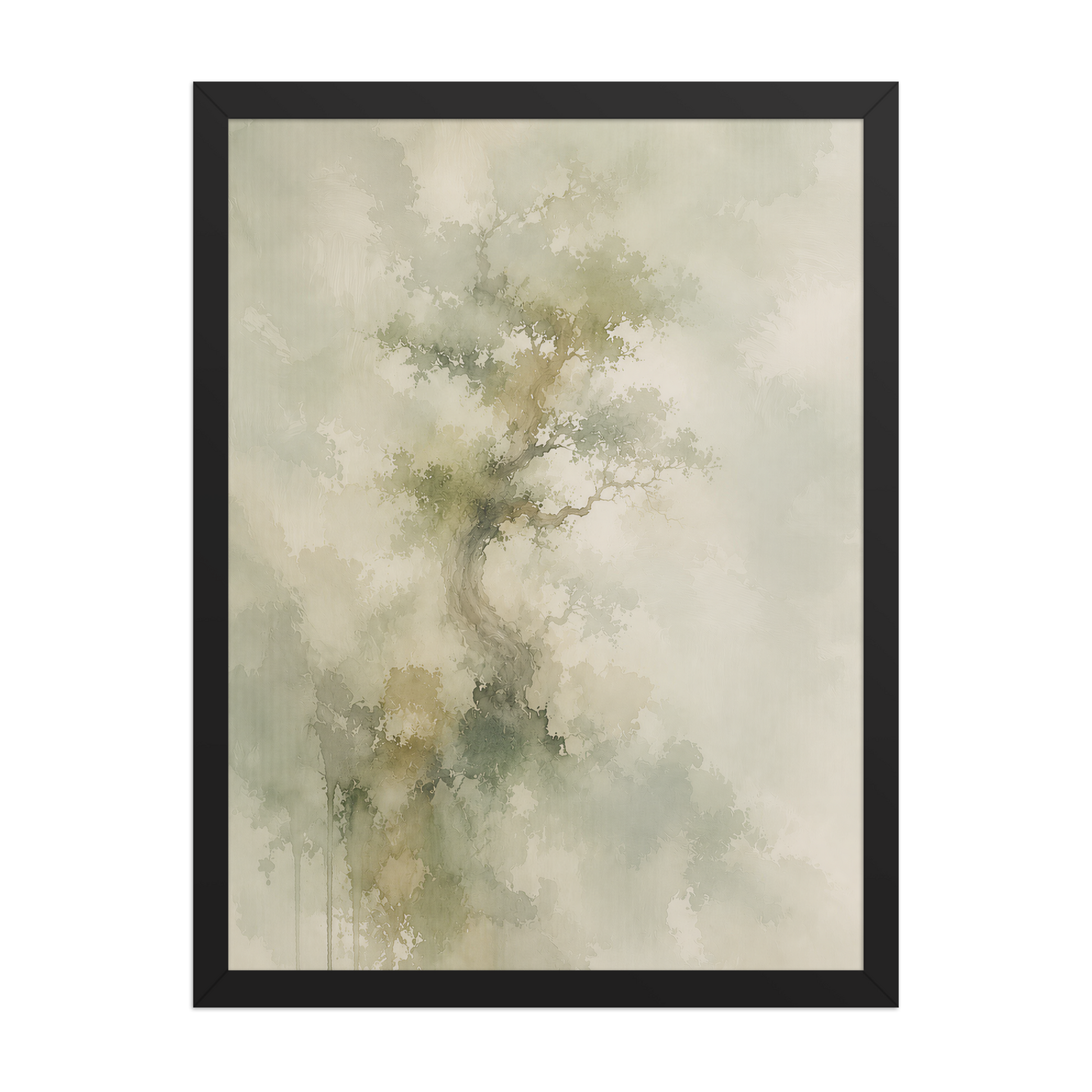Framed minimalist nature-inspired poster featuring a softly emerging tree form in muted neutral tones and organic watercolor textures.