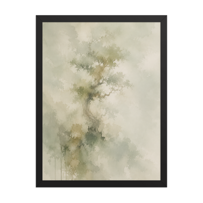 Framed minimalist nature-inspired poster featuring a softly emerging tree form in muted neutral tones and organic watercolor textures.