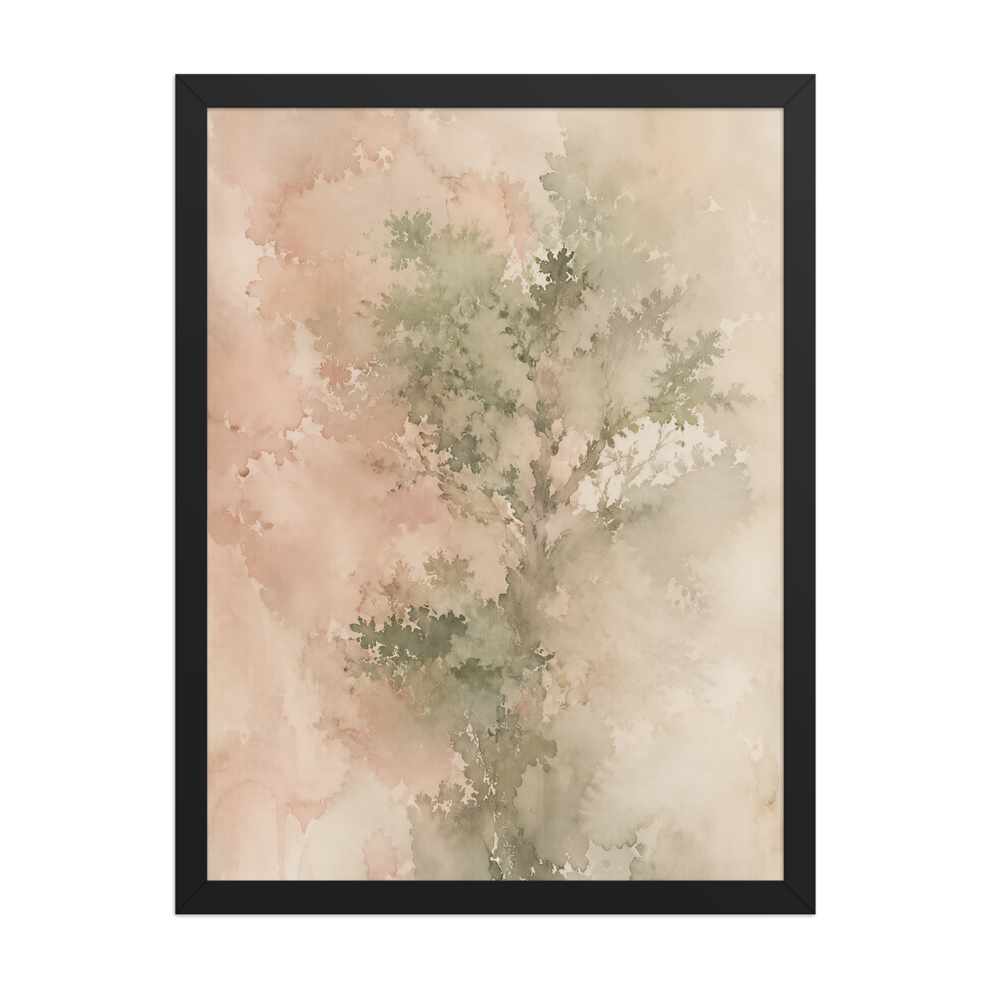 Framed minimalist nature-inspired poster featuring a softly emerging tree form in blush, sage, and warm neutral tones.
