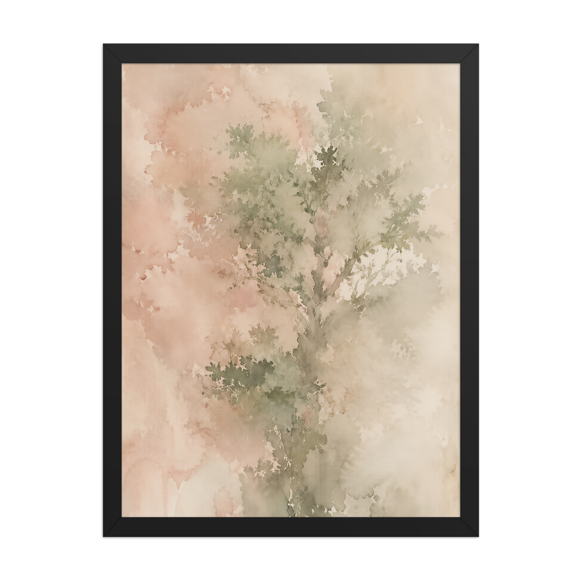 Framed minimalist nature-inspired poster featuring a softly emerging tree form in blush, sage, and warm neutral tones.