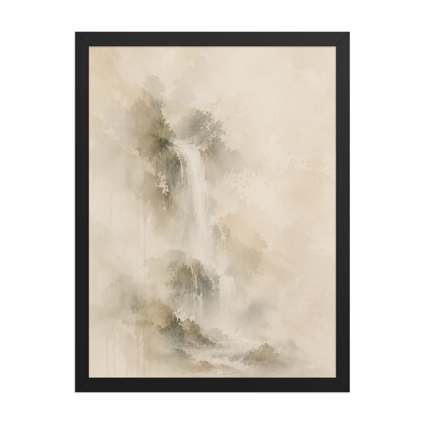 Framed waterfall-inspired poster featuring soft flowing forms in warm neutral and muted earth tones.