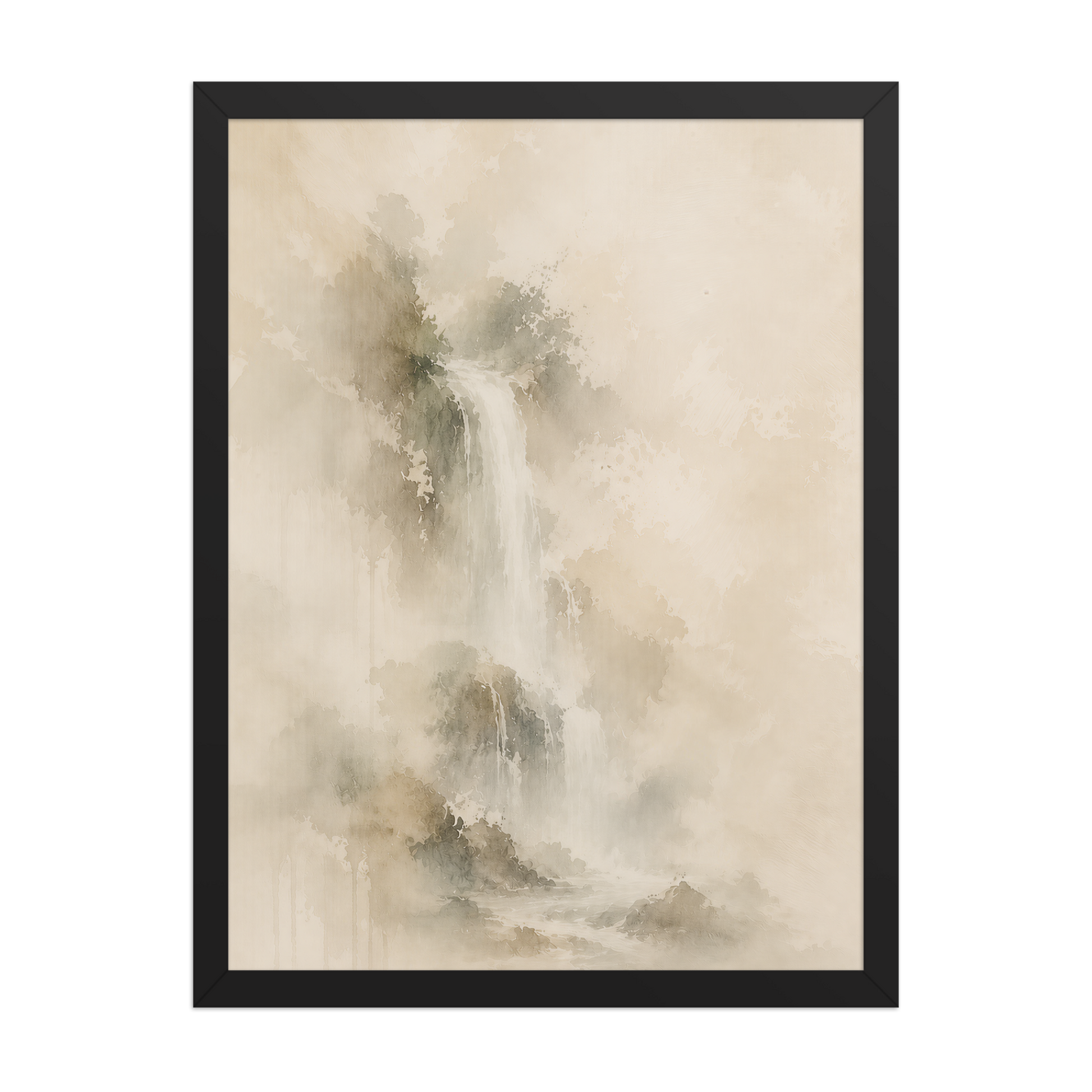 Framed waterfall-inspired poster featuring soft flowing forms in warm neutral and muted earth tones.