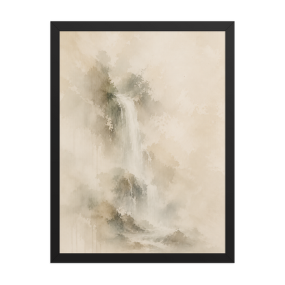 Framed waterfall-inspired poster featuring soft flowing forms in warm neutral and muted earth tones.