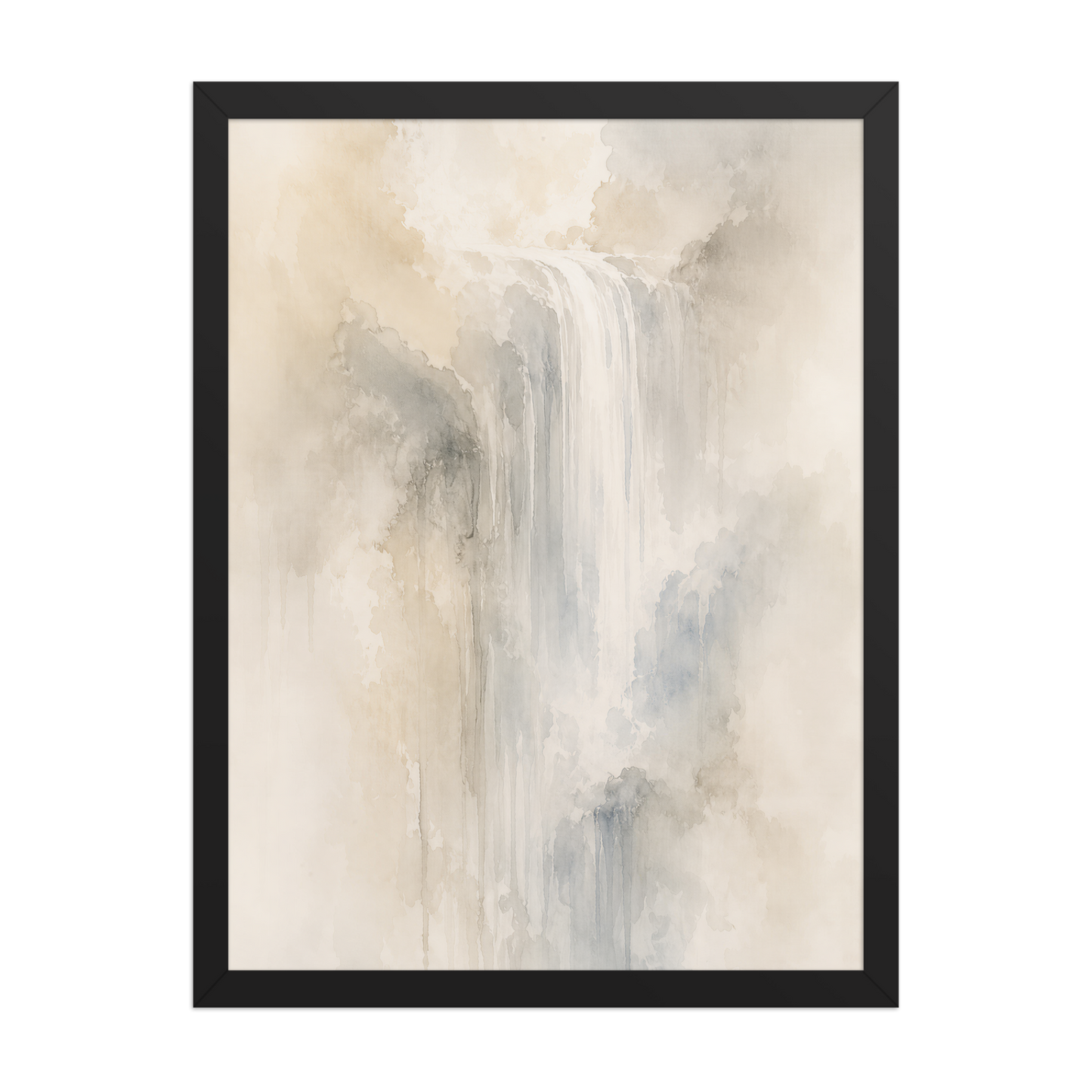 Framed waterfall-inspired poster with soft flowing forms in warm neutrals, misty blues, and subtle organic textures.