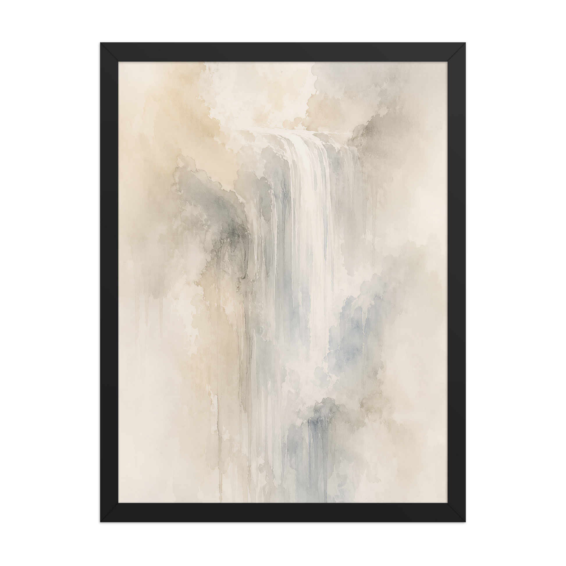 Framed waterfall-inspired poster with soft flowing forms in warm neutrals, misty blues, and subtle organic textures.