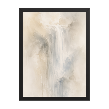Framed waterfall-inspired poster with soft flowing forms in warm neutrals, misty blues, and subtle organic textures.