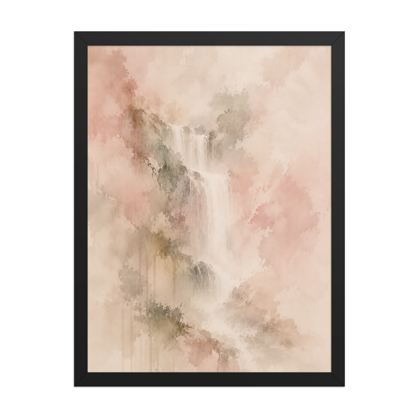 Framed waterfall-inspired poster featuring soft flowing forms in blush, warm neutral, and muted earth tones.